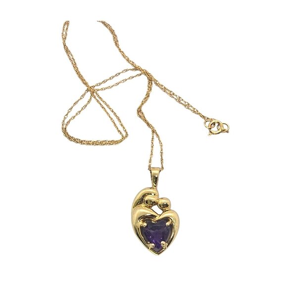 Mother & Child14K Gold Amethyst Heart Pendant Necklace 18" - Picture 6 of 16